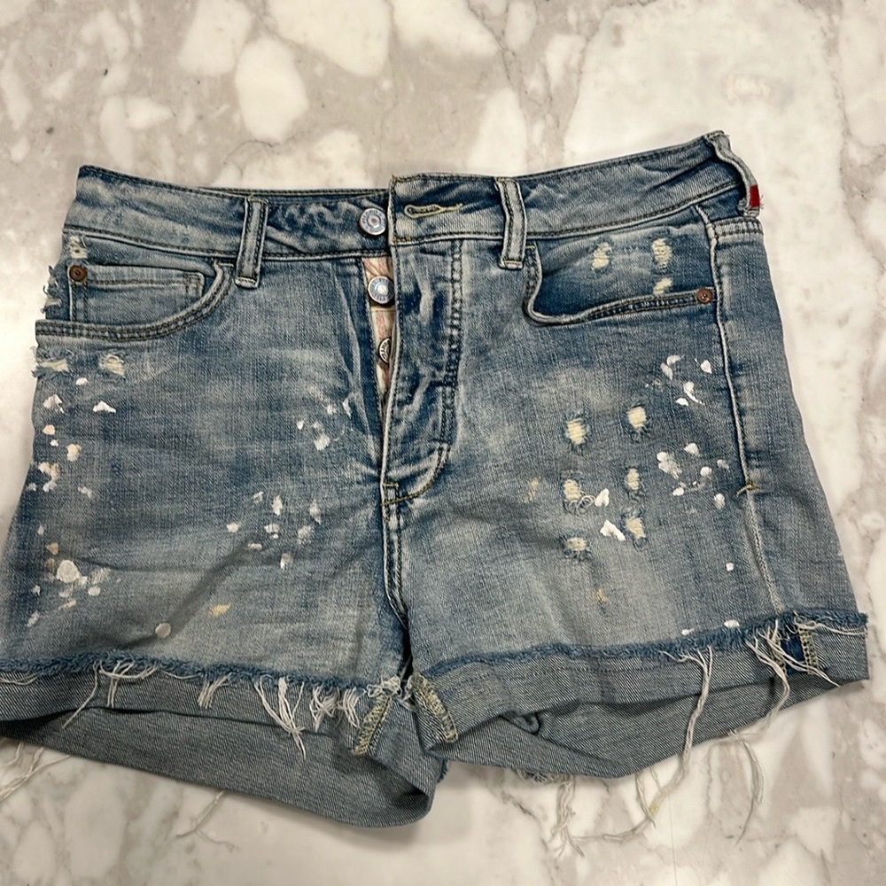 Anthropologie Distressed Paint Splatter Demjn Shorts, Blue, Size 27